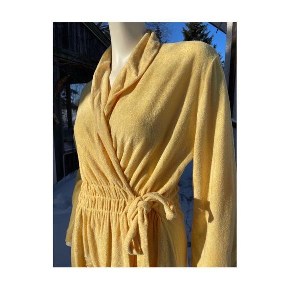 Vintage 70s Georgie Girl Gold Terrycloth Robe Double Ties Smocked Waist Sz M - Picture 10 of 14